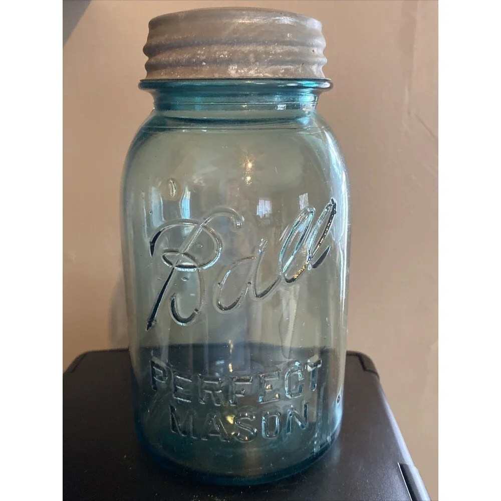 Vintage 1923~1933 BALL PERFECT MASON #5 BLUE Mason Canning Jar Zinc Lid Bubbles